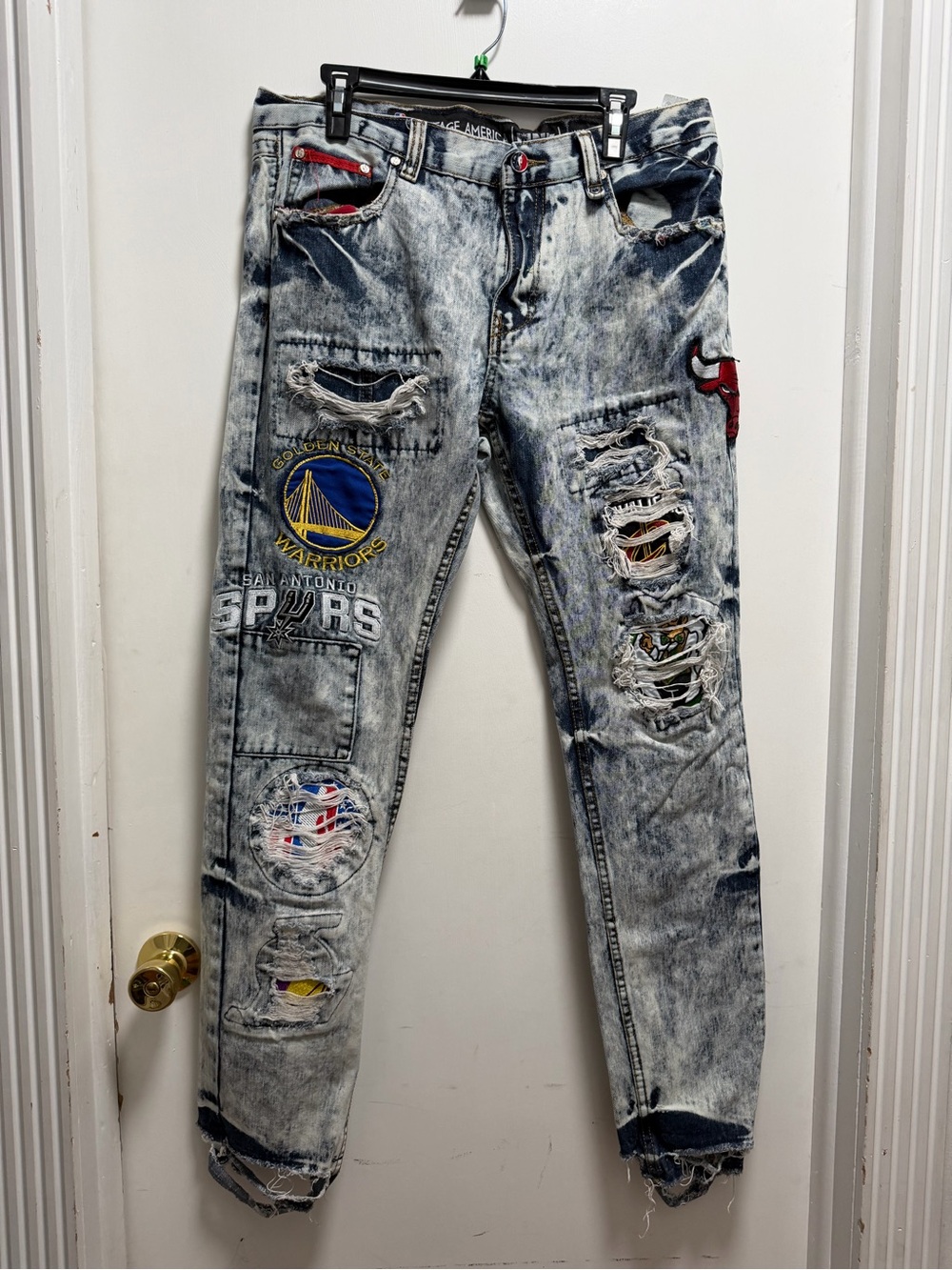 HERITAGE AMERICA UNK Patch blue jeans 36x34 CELTICS BULLS WARRIORS SPURS GS NBA